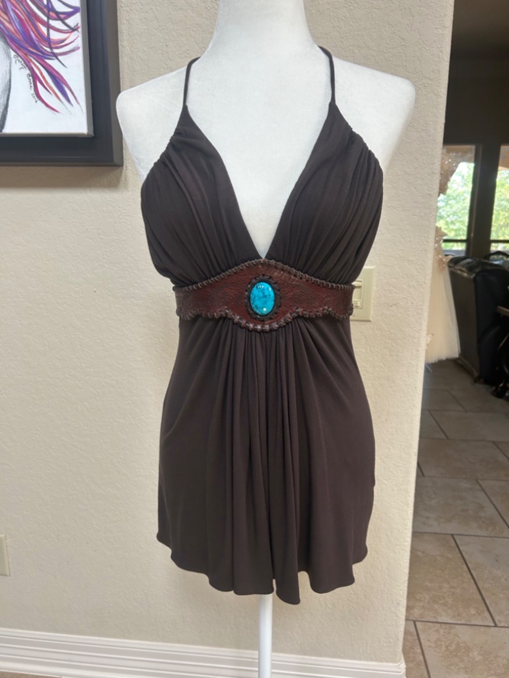 Sky Brown Top with Turquoise Stone-Whipstitched faux Leather Waistband.NWT. Sz L - Picture 10 of 15